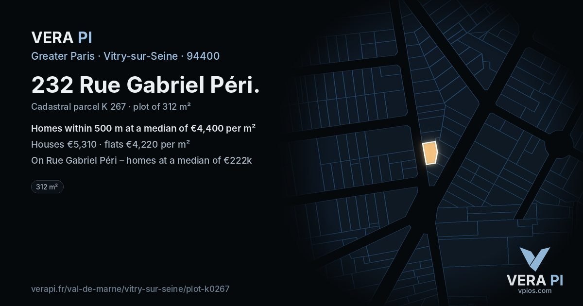 232 Rue Gabriel Péri, Vitry-sur-Seine at night – the plot lit, the parcels around coloured by the prices near them