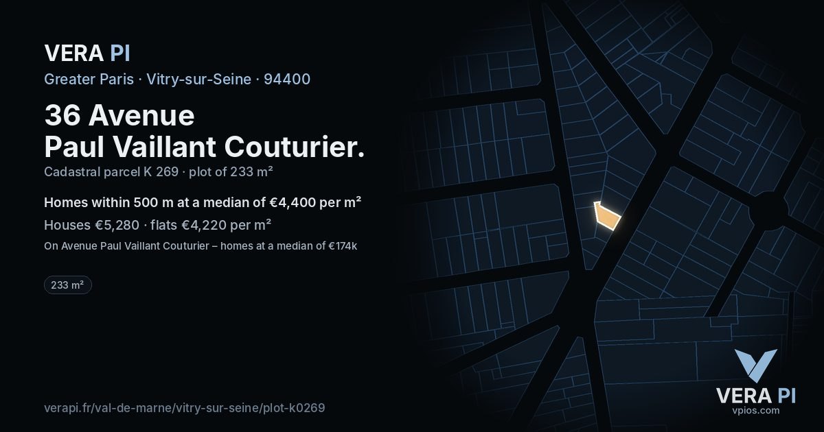 36 Avenue Paul Vaillant Couturier, Vitry-sur-Seine at night – the plot lit, the parcels around coloured by the prices near them