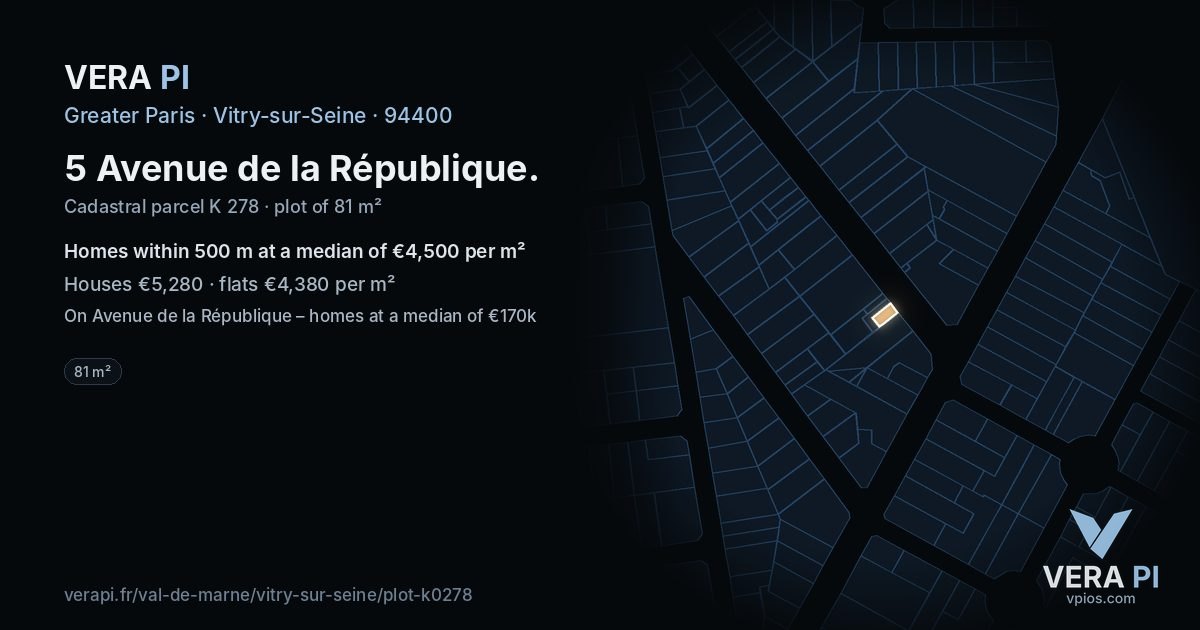 5 Avenue de la République, Vitry-sur-Seine at night – the plot lit, the parcels around coloured by the prices near them