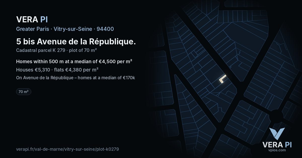 5 bis Avenue de la République, Vitry-sur-Seine at night – the plot lit, the parcels around coloured by the prices near them
