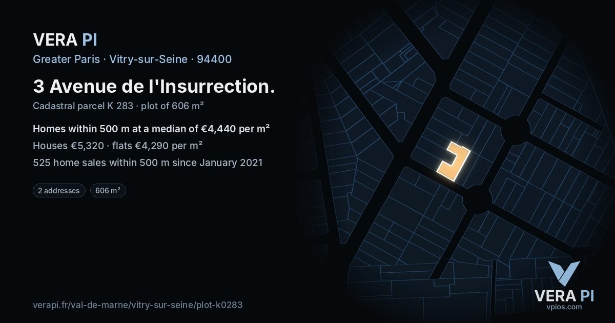 3 Avenue de l'Insurrection, Vitry-sur-Seine at night – the plot lit, the parcels around coloured by the prices near them