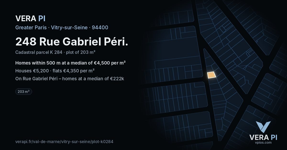 248 Rue Gabriel Péri, Vitry-sur-Seine at night – the plot lit, the parcels around coloured by the prices near them