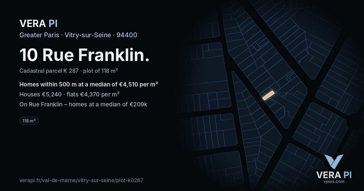 10 Rue Franklin, Vitry-sur-Seine at night – the plot lit, the parcels around coloured by the prices near them
