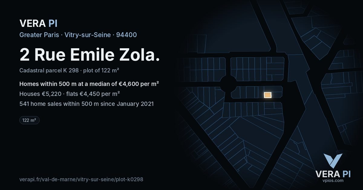 2 Rue Emile Zola, Vitry-sur-Seine at night – the plot lit, the parcels around coloured by the prices near them
