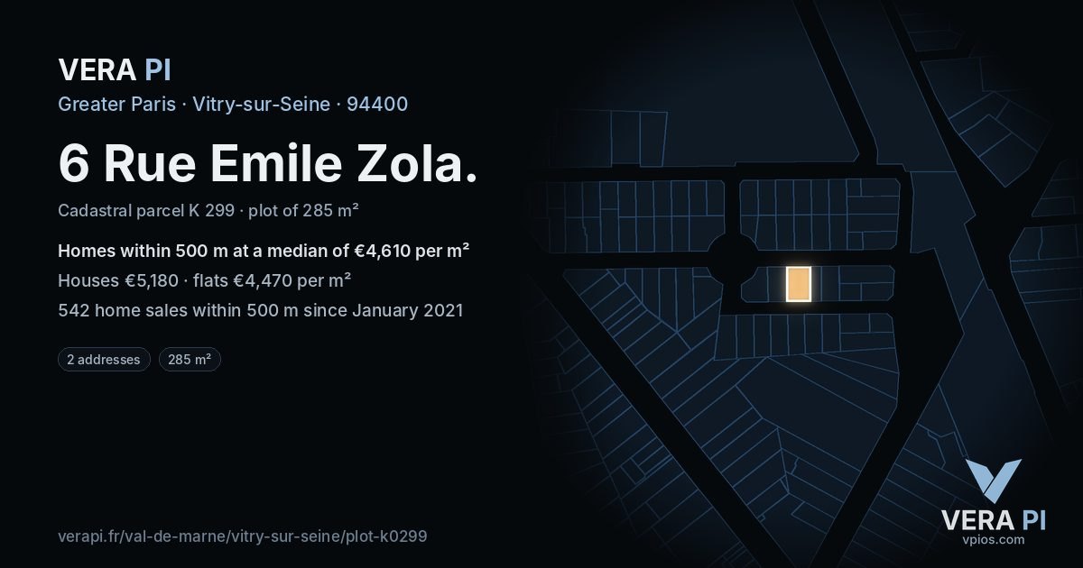 6 Rue Emile Zola, Vitry-sur-Seine at night – the plot lit, the parcels around coloured by the prices near them
