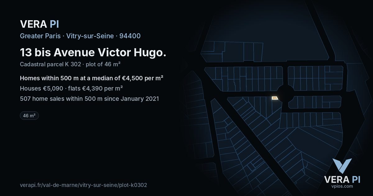 13 bis Avenue Victor Hugo, Vitry-sur-Seine at night – the plot lit, the parcels around coloured by the prices near them