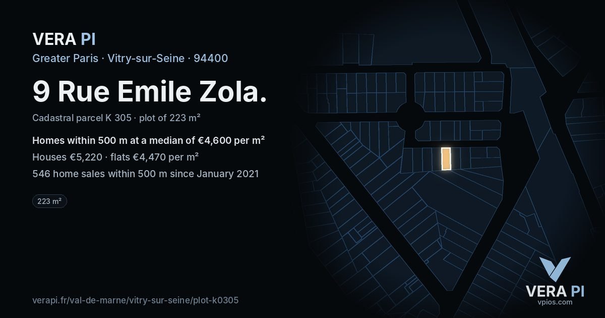 9 Rue Emile Zola, Vitry-sur-Seine at night – the plot lit, the parcels around coloured by the prices near them