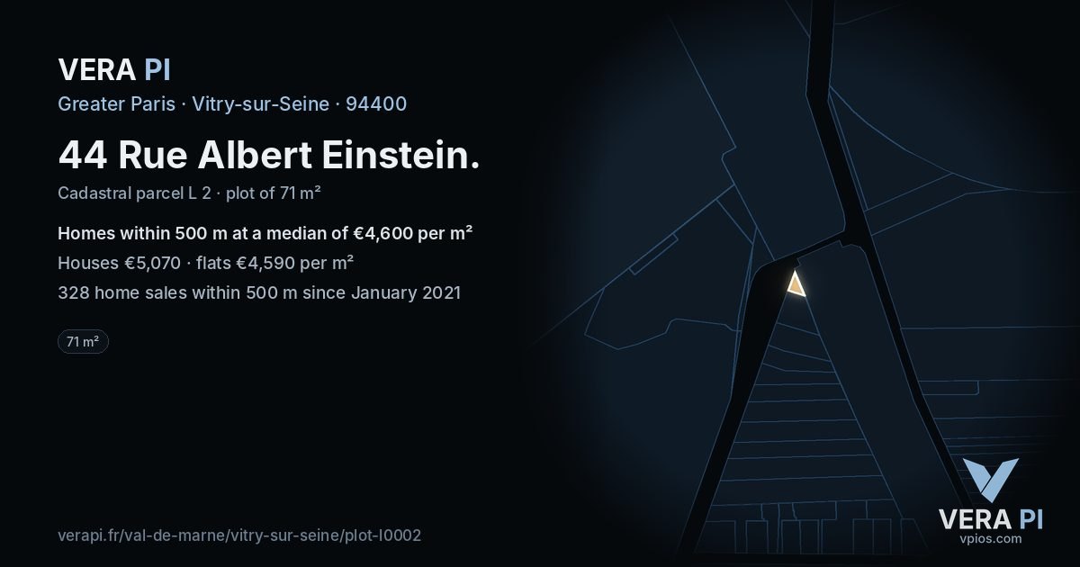 44 Rue Albert Einstein, Vitry-sur-Seine at night – the plot lit, the parcels around coloured by the prices near them