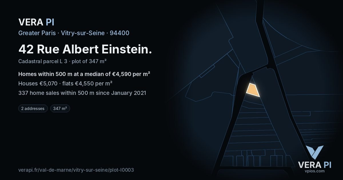 42 Rue Albert Einstein, Vitry-sur-Seine at night – the plot lit, the parcels around coloured by the prices near them