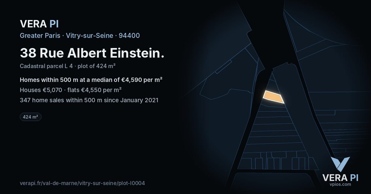 38 Rue Albert Einstein, Vitry-sur-Seine at night – the plot lit, the parcels around coloured by the prices near them