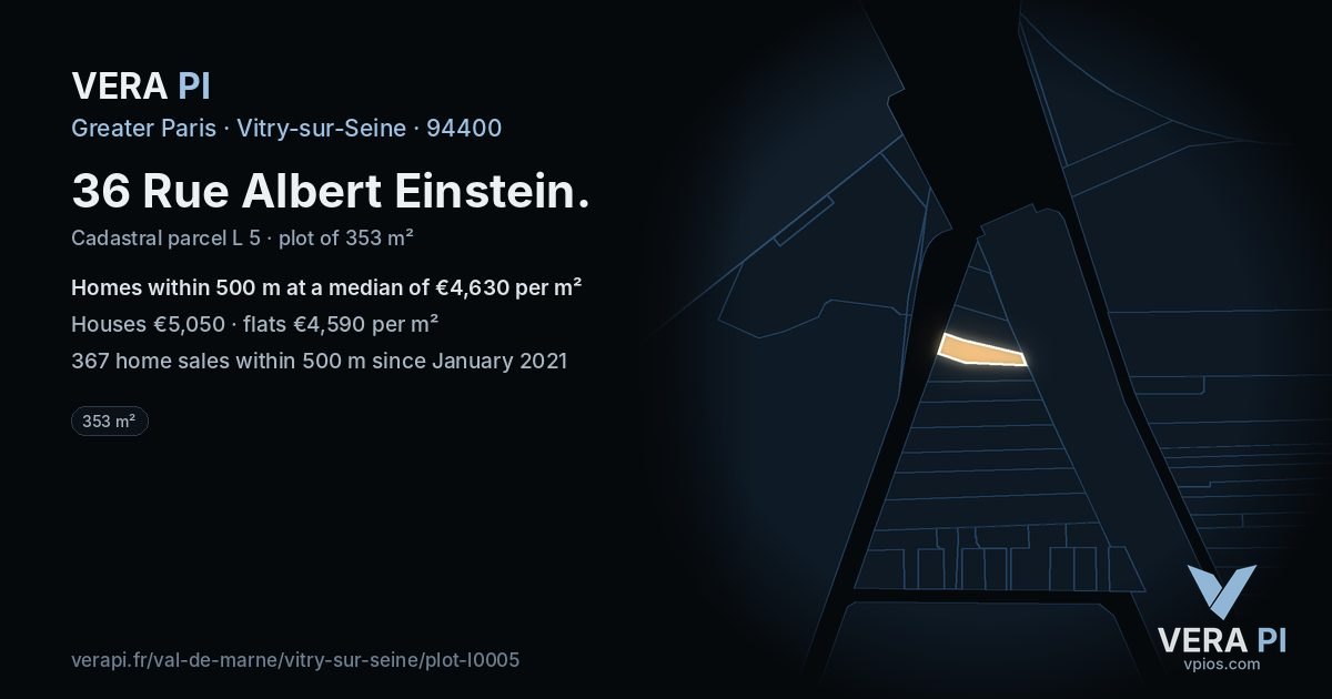 36 Rue Albert Einstein, Vitry-sur-Seine at night – the plot lit, the parcels around coloured by the prices near them