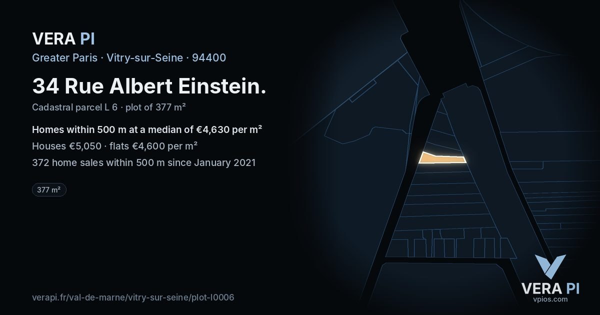 34 Rue Albert Einstein, Vitry-sur-Seine at night – the plot lit, the parcels around coloured by the prices near them