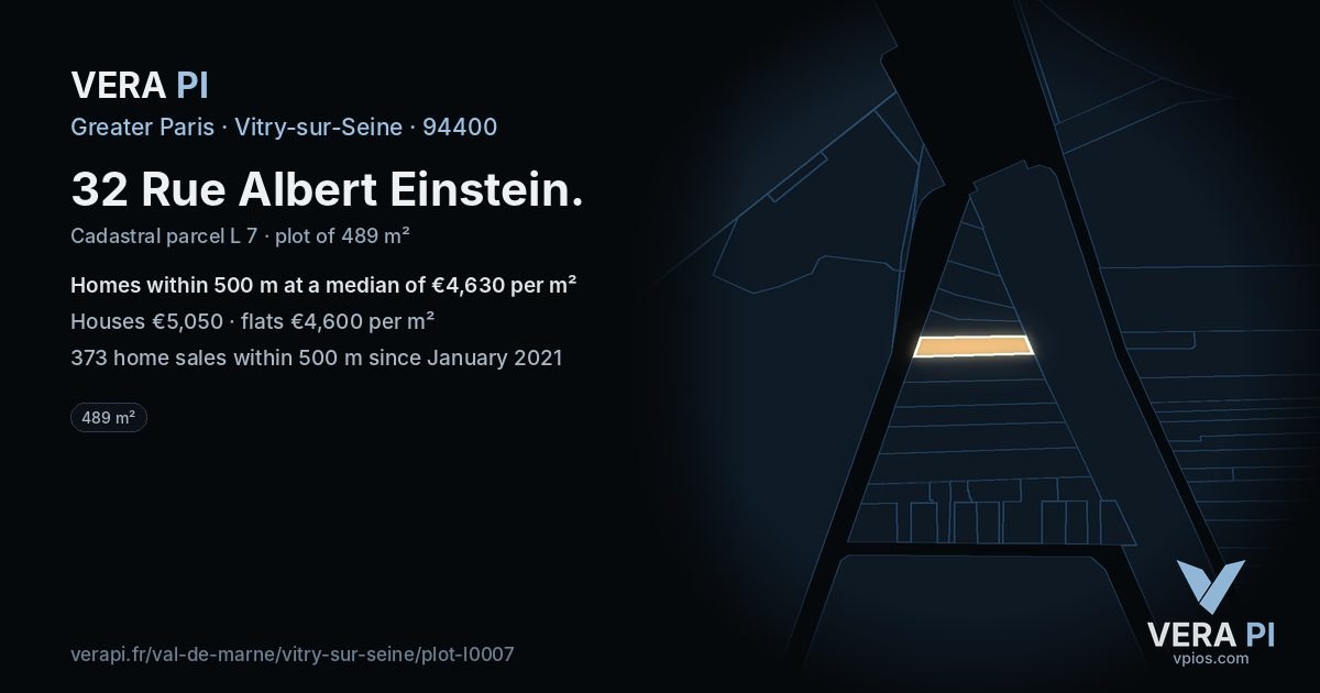 32 Rue Albert Einstein, Vitry-sur-Seine at night – the plot lit, the parcels around coloured by the prices near them