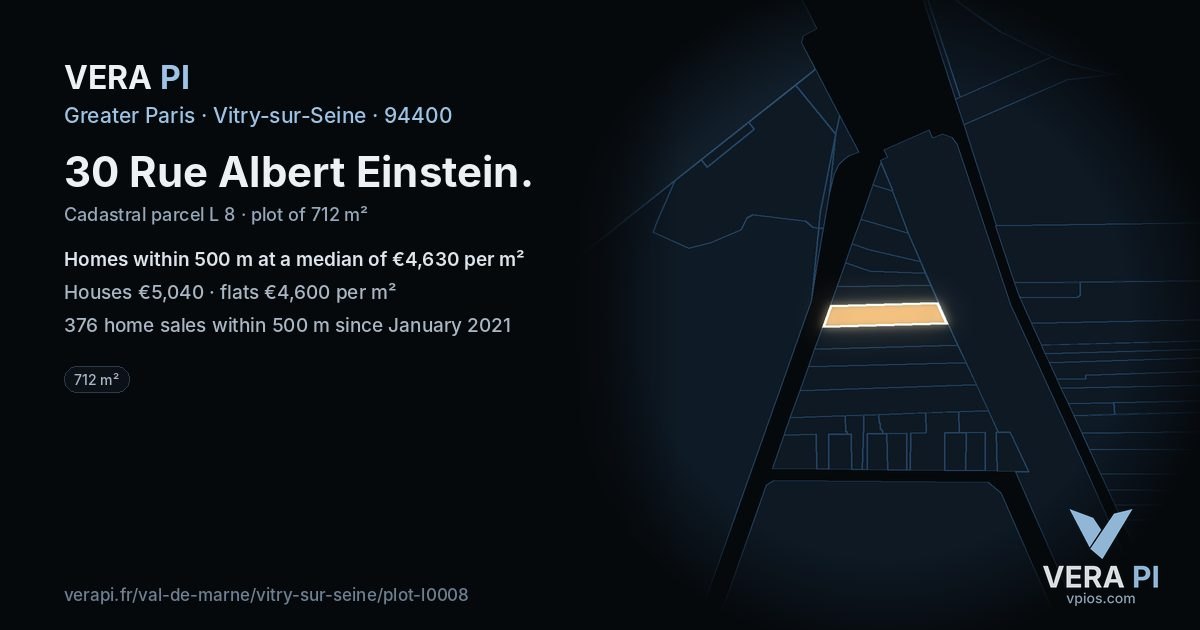30 Rue Albert Einstein, Vitry-sur-Seine at night – the plot lit, the parcels around coloured by the prices near them