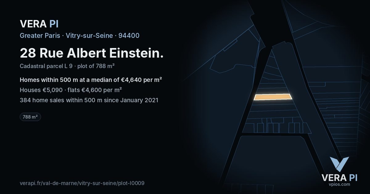 28 Rue Albert Einstein, Vitry-sur-Seine at night – the plot lit, the parcels around coloured by the prices near them