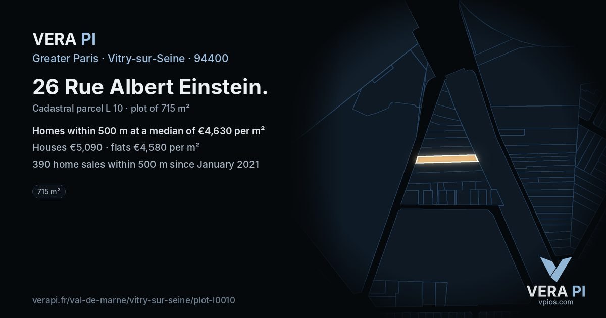 26 Rue Albert Einstein, Vitry-sur-Seine at night – the plot lit, the parcels around coloured by the prices near them