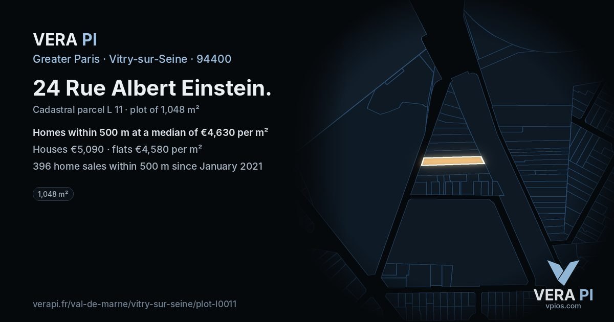 24 Rue Albert Einstein, Vitry-sur-Seine at night – the plot lit, the parcels around coloured by the prices near them