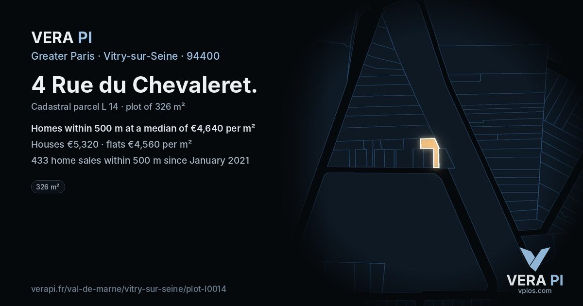 4 Rue du Chevaleret, Vitry-sur-Seine at night – the plot lit, the parcels around coloured by the prices near them