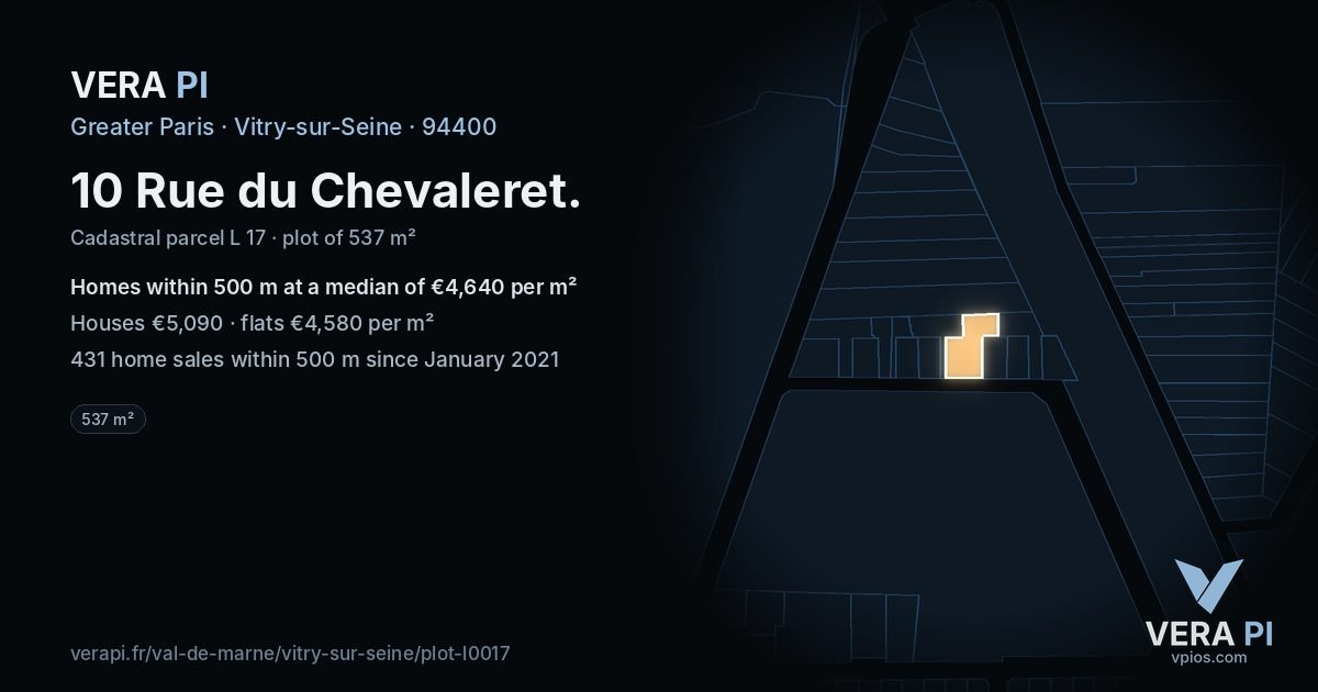 10 Rue du Chevaleret, Vitry-sur-Seine at night – the plot lit, the parcels around coloured by the prices near them