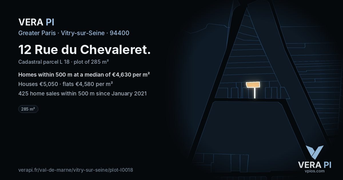 12 Rue du Chevaleret, Vitry-sur-Seine at night – the plot lit, the parcels around coloured by the prices near them