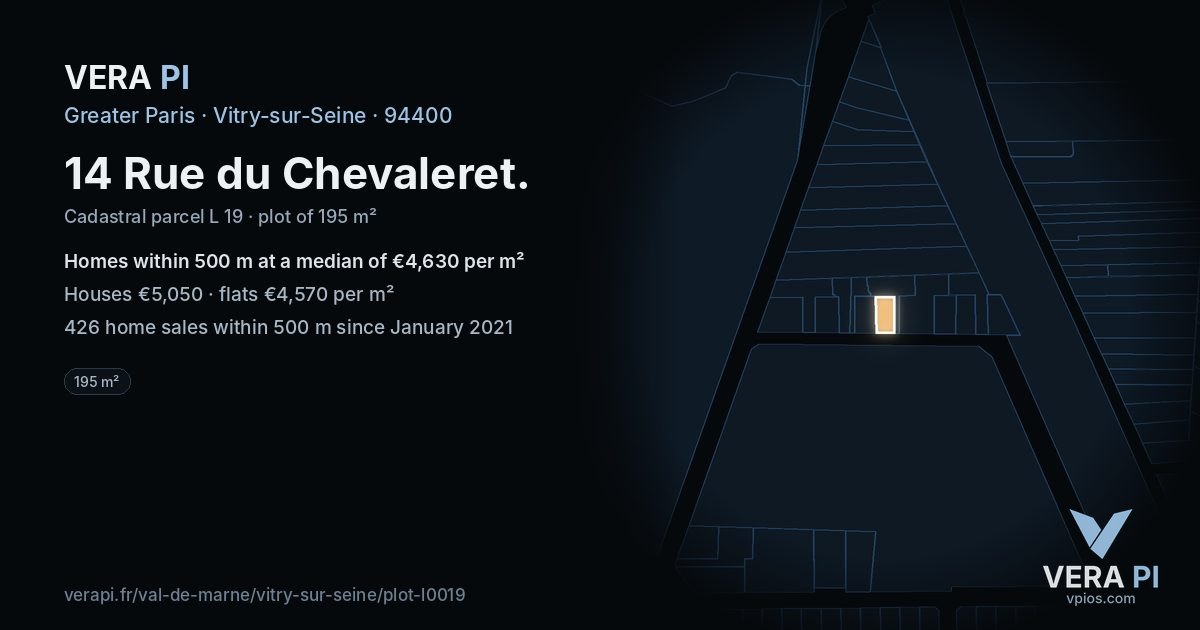 14 Rue du Chevaleret, Vitry-sur-Seine at night – the plot lit, the parcels around coloured by the prices near them