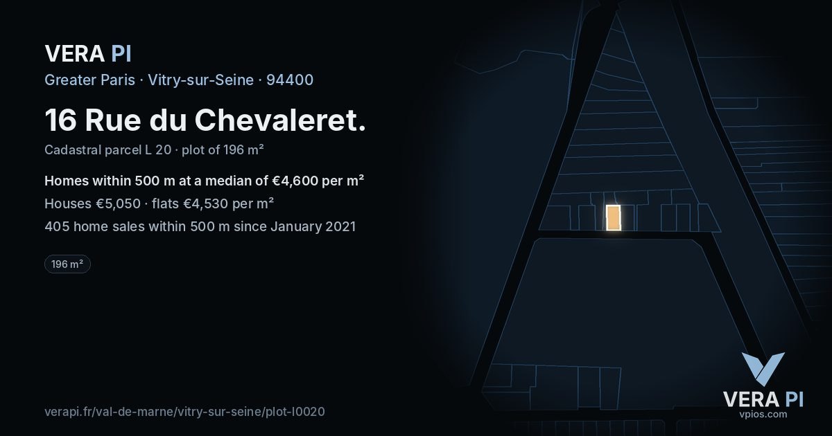 16 Rue du Chevaleret, Vitry-sur-Seine at night – the plot lit, the parcels around coloured by the prices near them