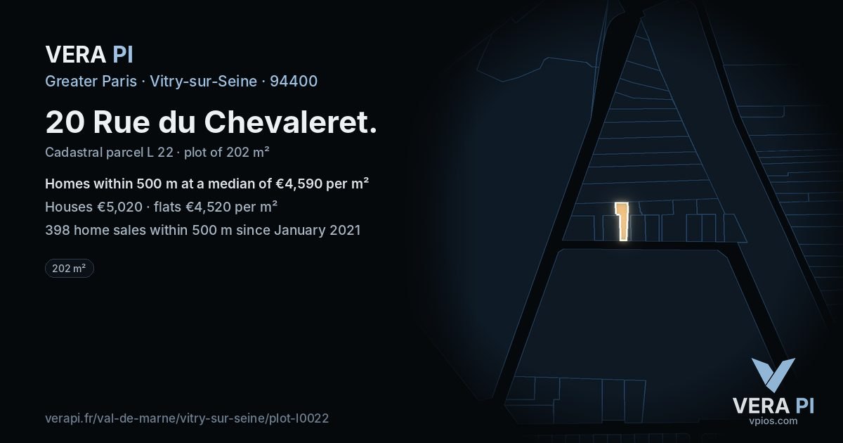 20 Rue du Chevaleret, Vitry-sur-Seine at night – the plot lit, the parcels around coloured by the prices near them