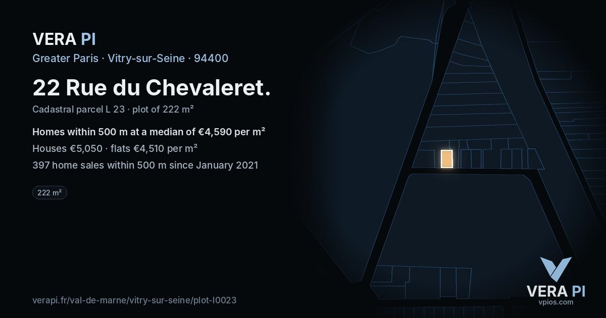 22 Rue du Chevaleret, Vitry-sur-Seine at night – the plot lit, the parcels around coloured by the prices near them