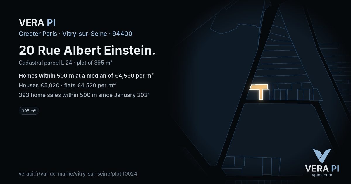 20 Rue Albert Einstein, Vitry-sur-Seine at night – the plot lit, the parcels around coloured by the prices near them