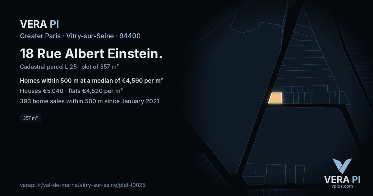 18 Rue Albert Einstein, Vitry-sur-Seine at night – the plot lit, the parcels around coloured by the prices near them
