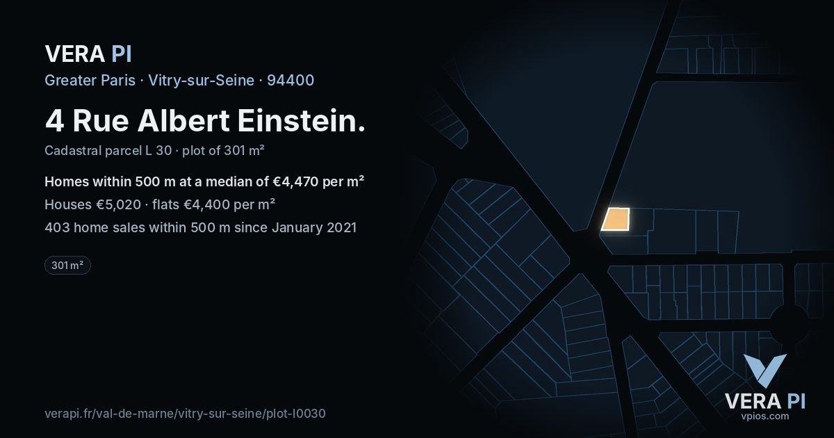 4 Rue Albert Einstein, Vitry-sur-Seine at night – the plot lit, the parcels around coloured by the prices near them