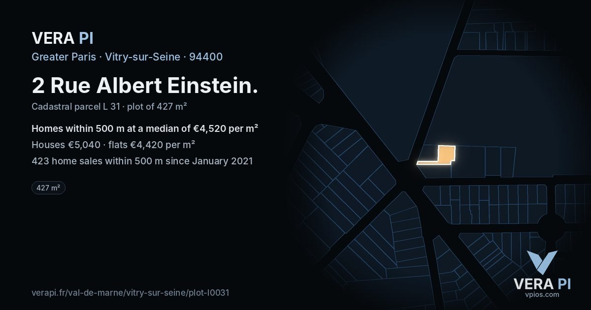 2 Rue Albert Einstein, Vitry-sur-Seine at night – the plot lit, the parcels around coloured by the prices near them
