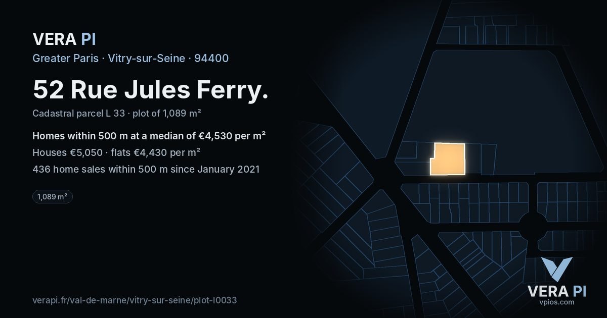 52 Rue Jules Ferry, Vitry-sur-Seine at night – the plot lit, the parcels around coloured by the prices near them