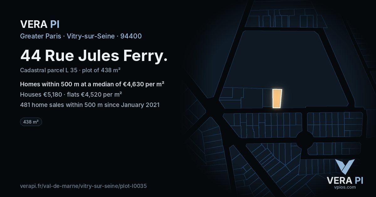44 Rue Jules Ferry, Vitry-sur-Seine at night – the plot lit, the parcels around coloured by the prices near them