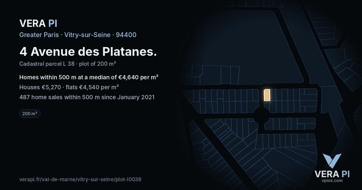 4 Avenue des Platanes, Vitry-sur-Seine at night – the plot lit, the parcels around coloured by the prices near them