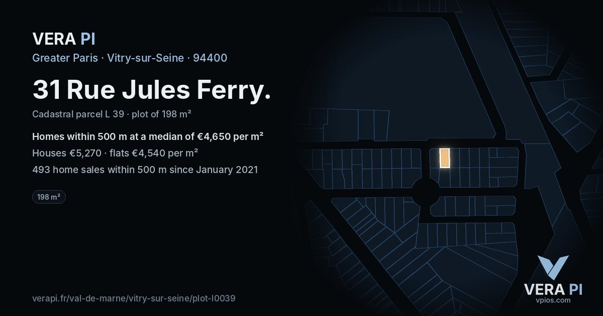 31 Rue Jules Ferry, Vitry-sur-Seine at night – the plot lit, the parcels around coloured by the prices near them
