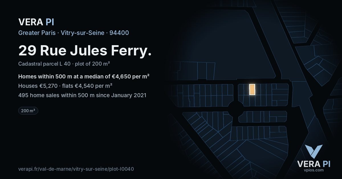 29 Rue Jules Ferry, Vitry-sur-Seine at night – the plot lit, the parcels around coloured by the prices near them