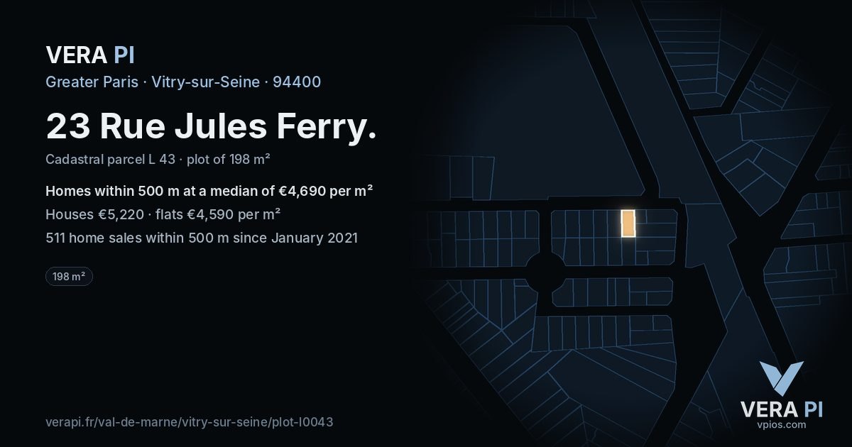 23 Rue Jules Ferry, Vitry-sur-Seine at night – the plot lit, the parcels around coloured by the prices near them