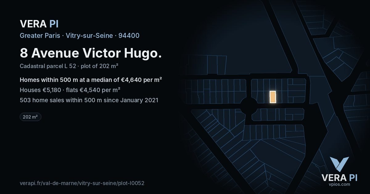 8 Avenue Victor Hugo, Vitry-sur-Seine at night – the plot lit, the parcels around coloured by the prices near them