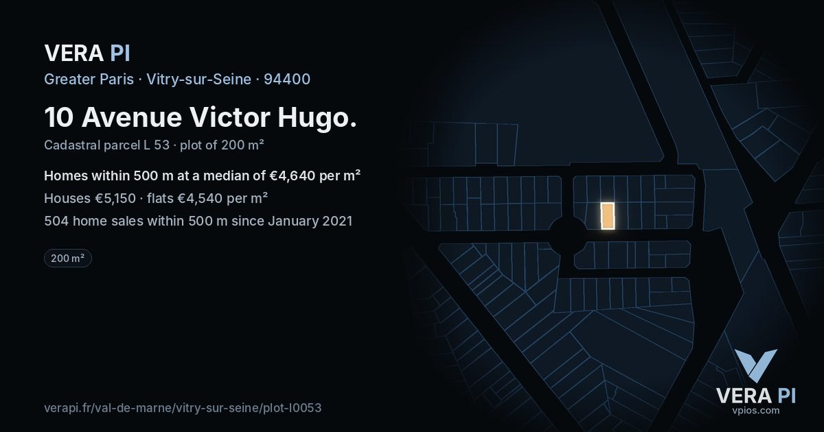 10 Avenue Victor Hugo, Vitry-sur-Seine at night – the plot lit, the parcels around coloured by the prices near them