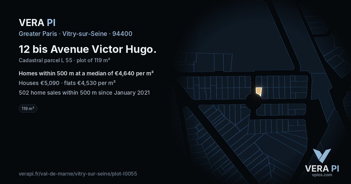 12 bis Avenue Victor Hugo, Vitry-sur-Seine at night – the plot lit, the parcels around coloured by the prices near them