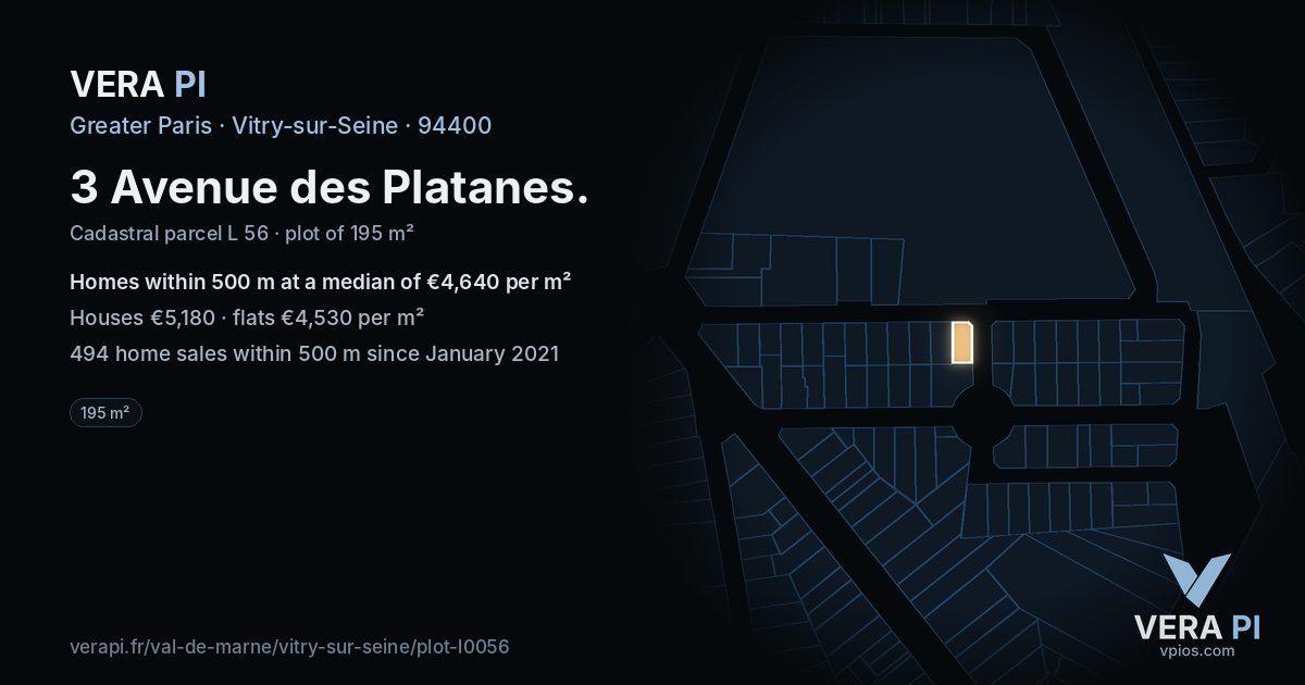 3 Avenue des Platanes, Vitry-sur-Seine at night – the plot lit, the parcels around coloured by the prices near them