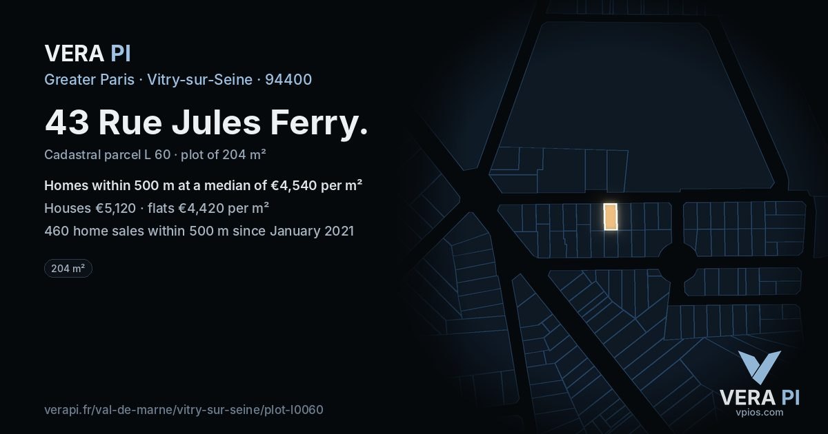 43 Rue Jules Ferry, Vitry-sur-Seine at night – the plot lit, the parcels around coloured by the prices near them