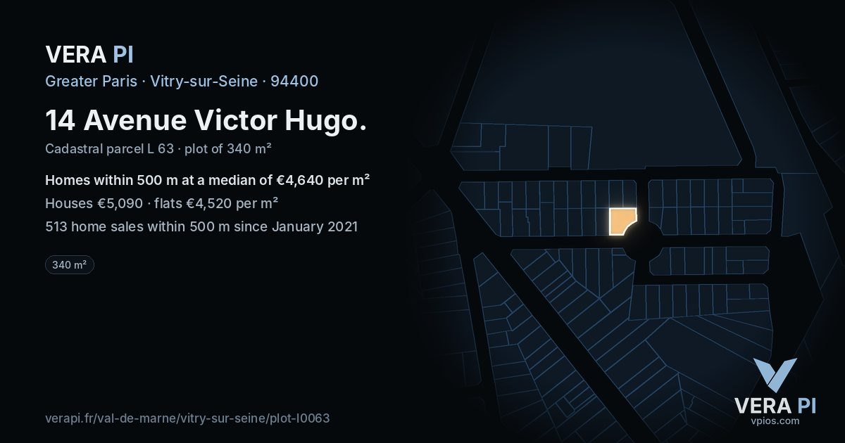 14 Avenue Victor Hugo, Vitry-sur-Seine at night – the plot lit, the parcels around coloured by the prices near them