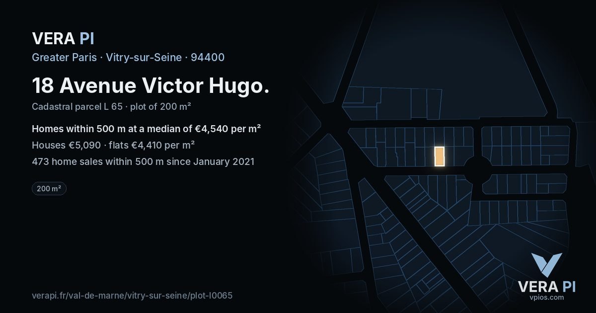 18 Avenue Victor Hugo, Vitry-sur-Seine at night – the plot lit, the parcels around coloured by the prices near them