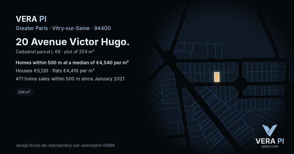20 Avenue Victor Hugo, Vitry-sur-Seine at night – the plot lit, the parcels around coloured by the prices near them