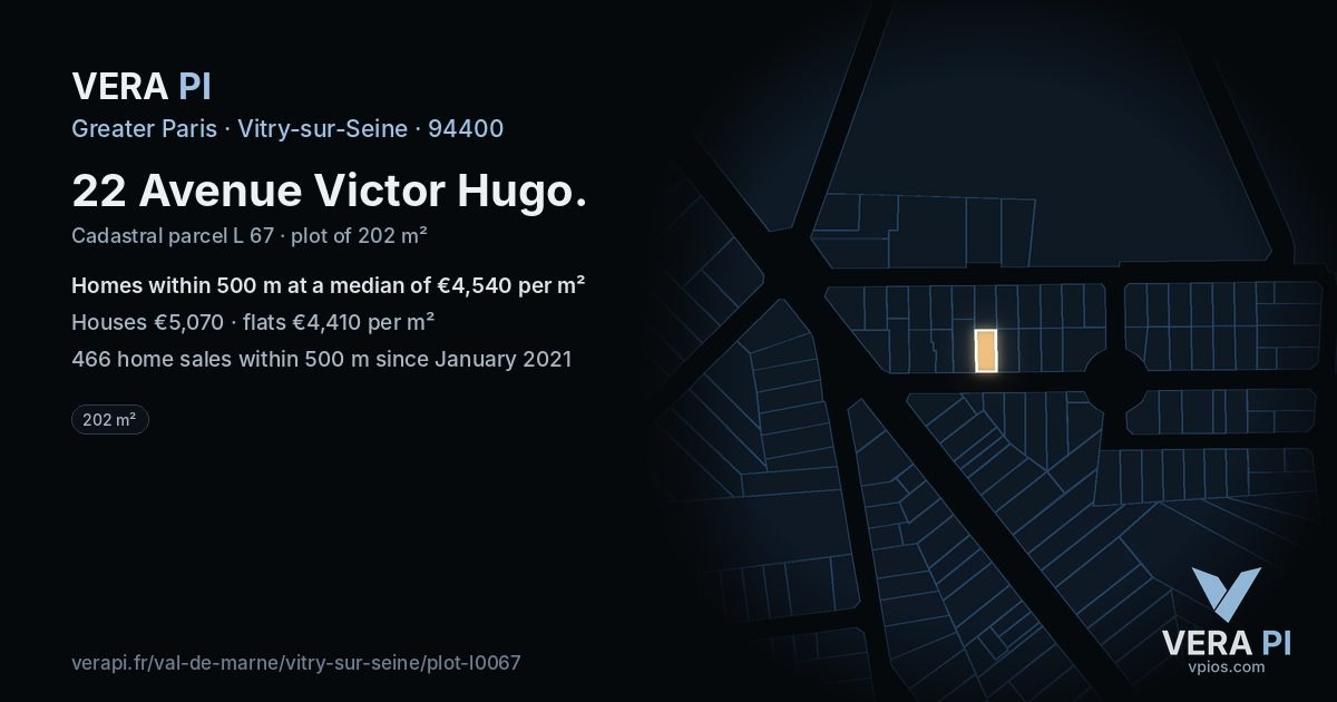 22 Avenue Victor Hugo, Vitry-sur-Seine at night – the plot lit, the parcels around coloured by the prices near them