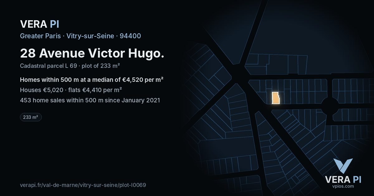 28 Avenue Victor Hugo, Vitry-sur-Seine at night – the plot lit, the parcels around coloured by the prices near them
