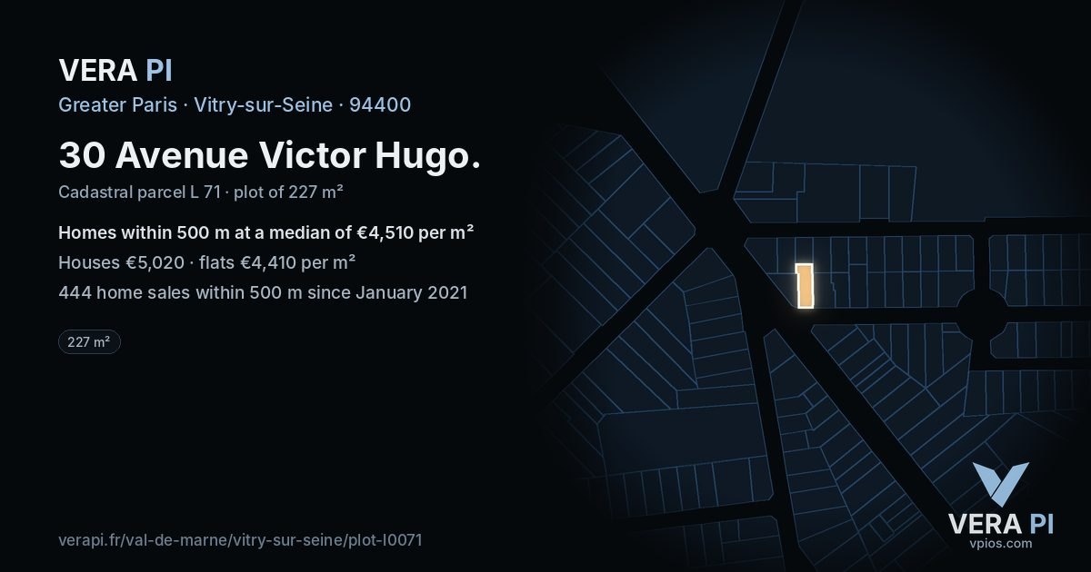 30 Avenue Victor Hugo, Vitry-sur-Seine at night – the plot lit, the parcels around coloured by the prices near them