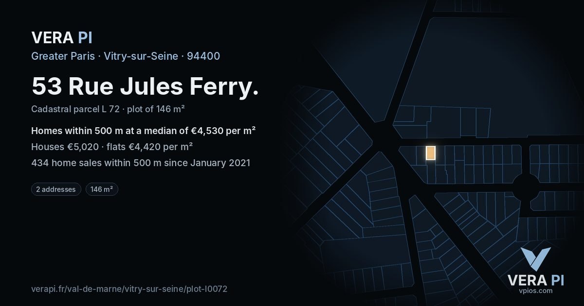 53 Rue Jules Ferry, Vitry-sur-Seine at night – the plot lit, the parcels around coloured by the prices near them